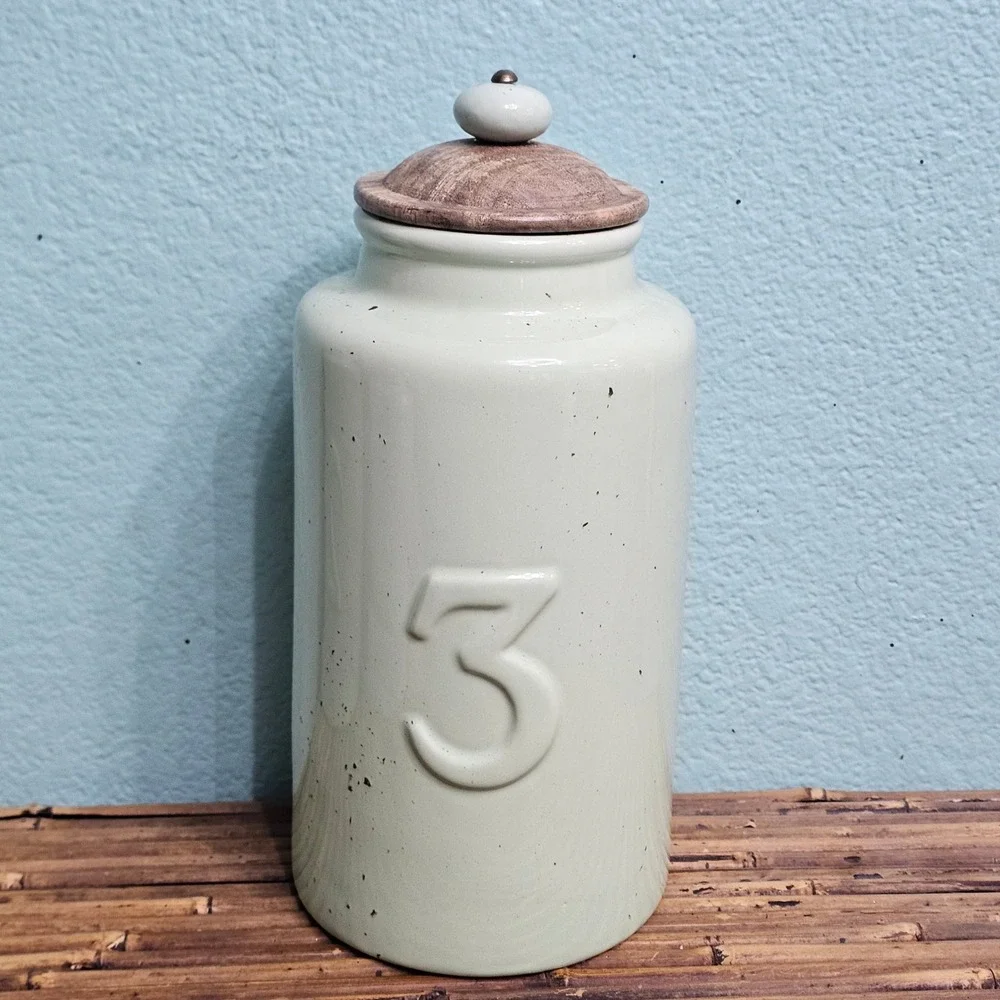 Pier 1 Imports Mint Green Speckled Ceramic Canister Set Wood Lids Farmhouse